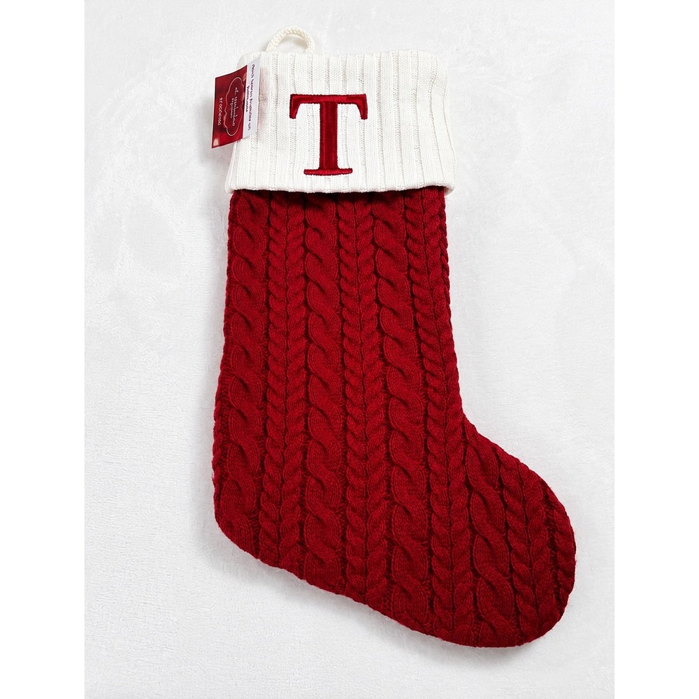 St. Nicholas Square Monogram T Christmas Stocking Red Cable Knit 21" NWT